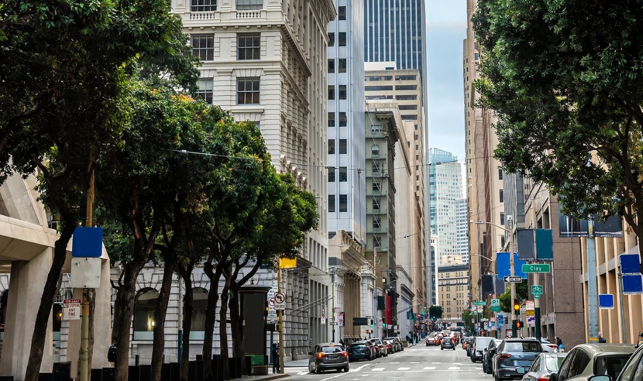 A view down Montgomery Street in the financial district in San Francisco in early springtime
