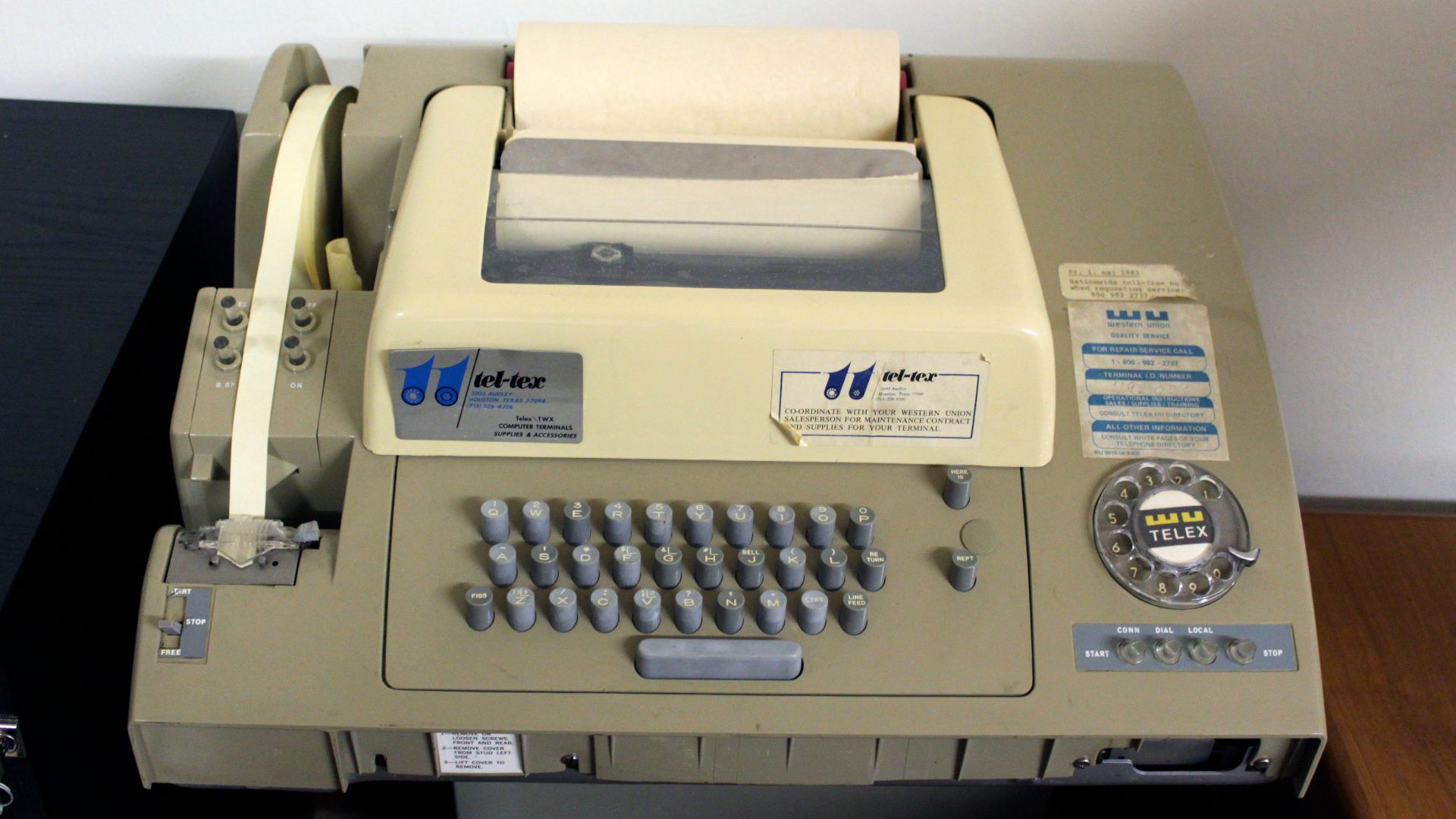 ASR 32 Telex machine. Note three row keyboard and five level paper tape. Author's Flickr description: