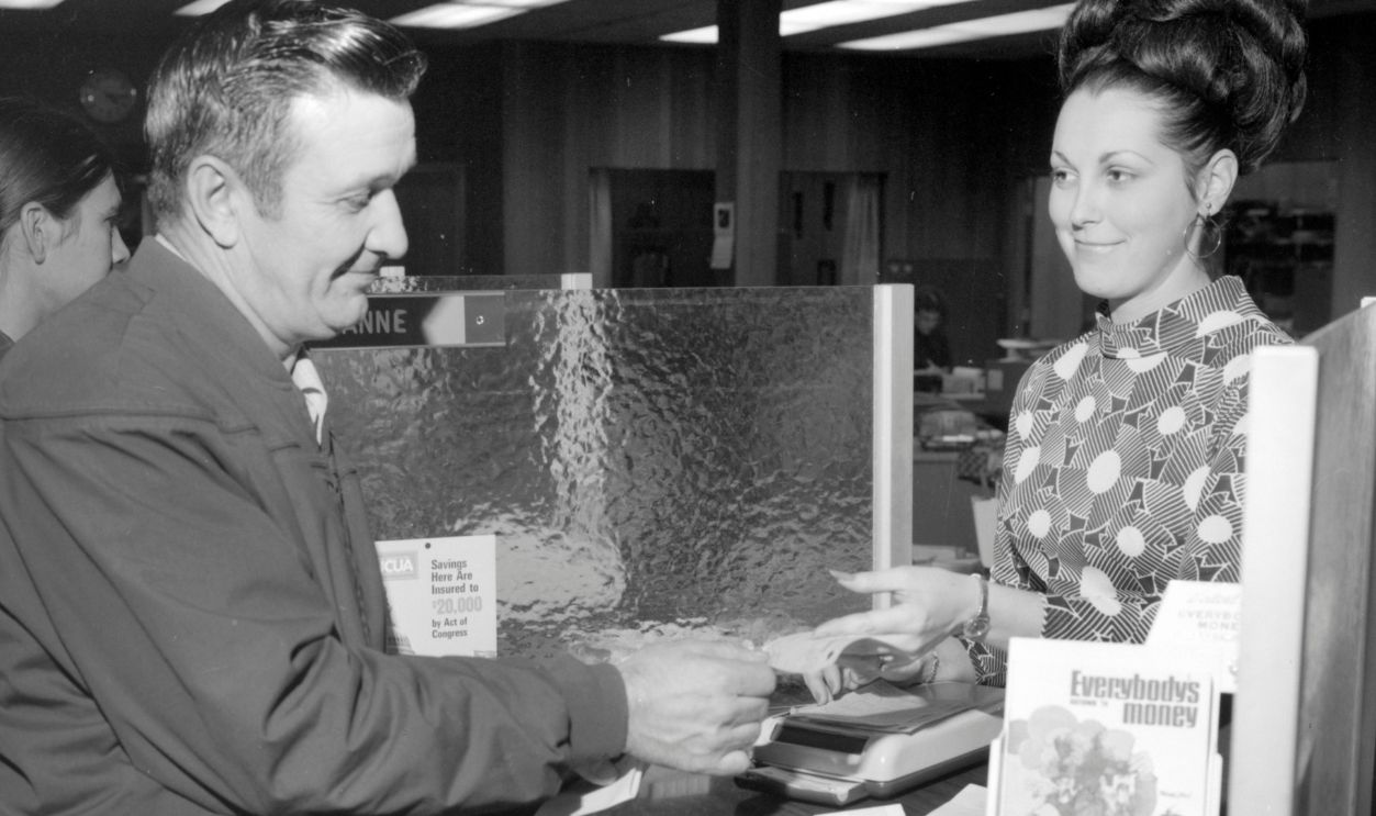 Transaction at US credit union, ca. 1974