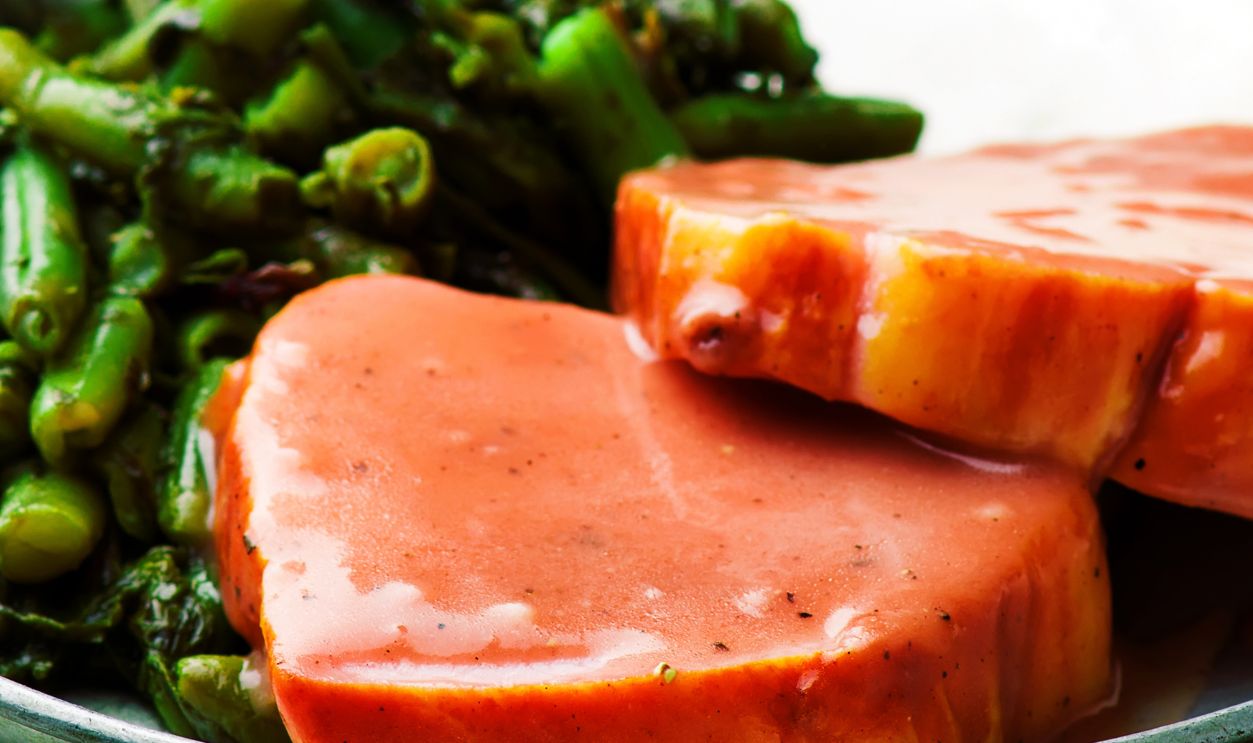 Shutterstock - 568994200 - Ham with a Port Wine Sauce.selective focus.