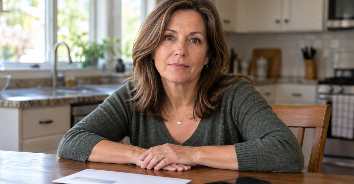 Woman sitting at kitchen table looking at camera