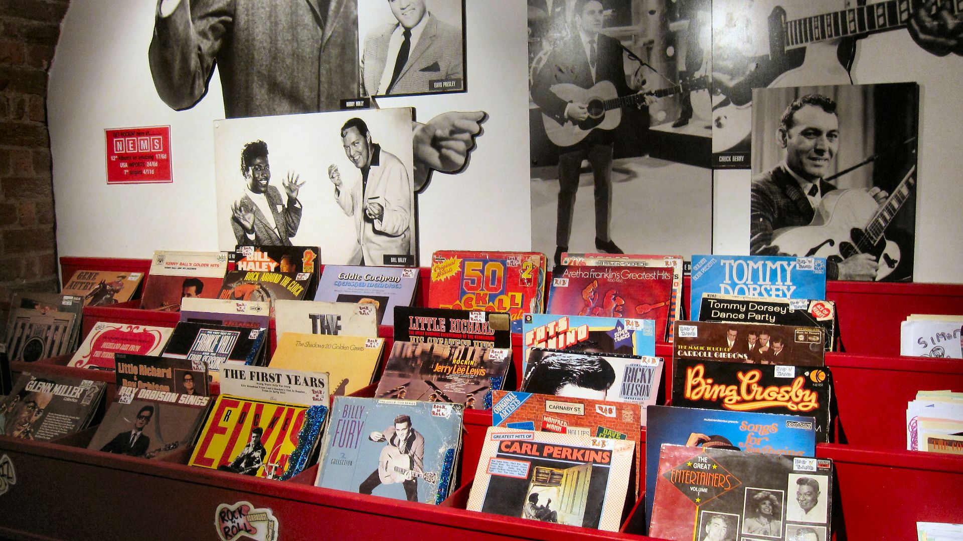 A recreation of how the old record shops looked way back in the 1960s when vinyl records were king..