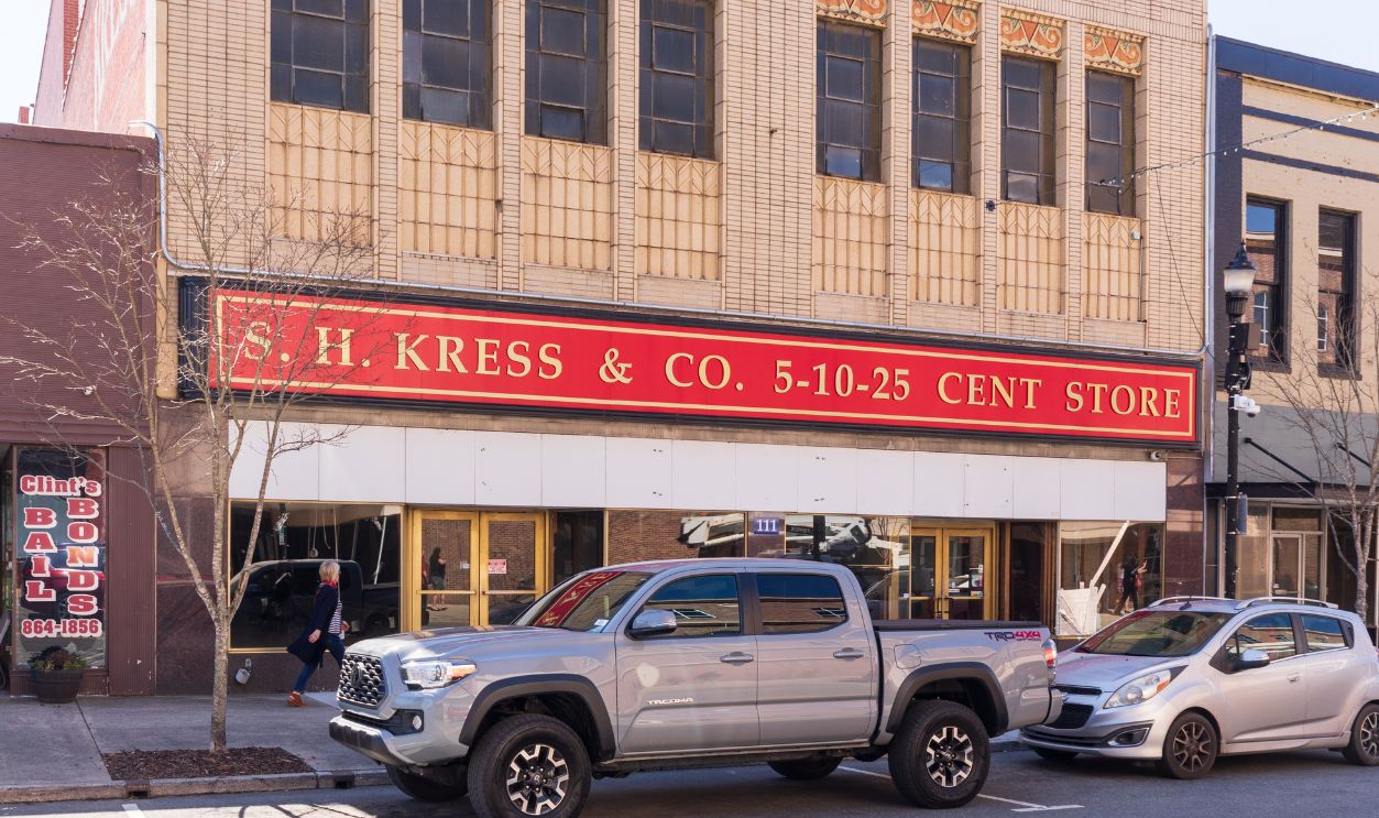 GASTONIA, NC, USA-3 MARCH 2022: The historic S. H. Kress and Co. Five and dime building.  Facade and signs.
