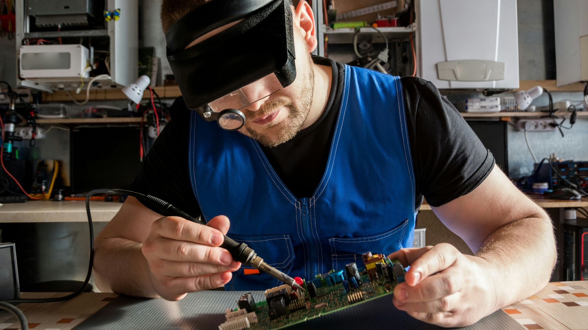 a man wearing a blindfold working on a circuit board