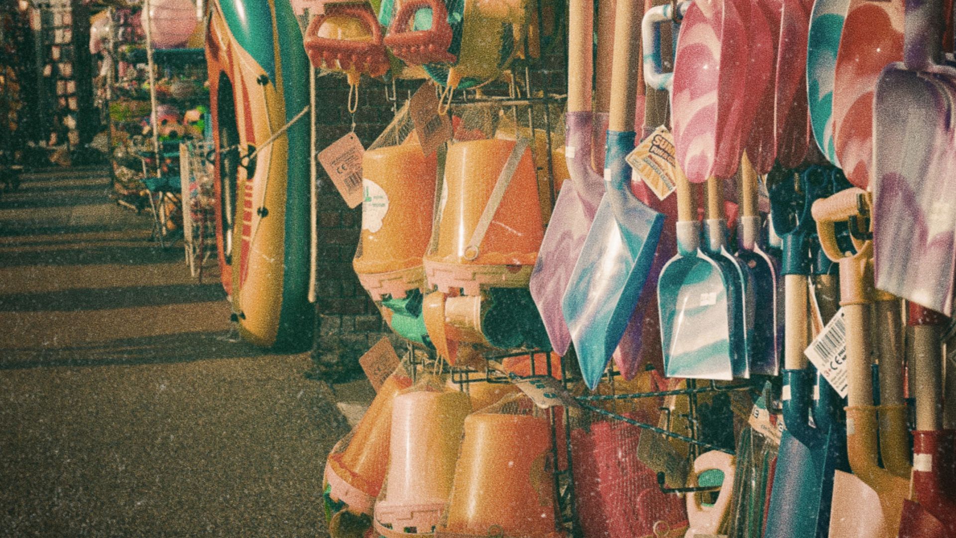 Vibrant assortment of beach toys in Great Yarmouth, perfect for summer fun.