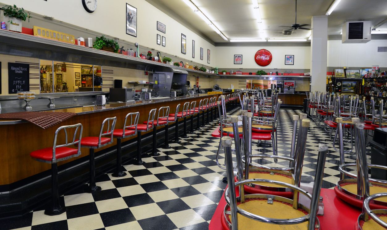 BAKERSFIELD, CA - APR 22, 2014: The floor is cleaned and chairs ready to be put down to await customers at this classic lunch counter still in service in a former F. W. Woolworth building.