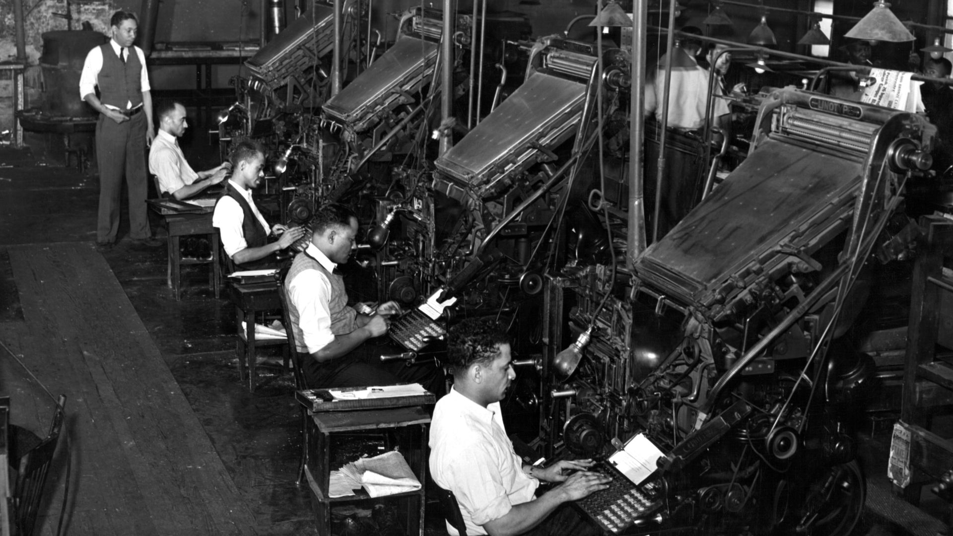 Linotype operators of the Chicago Defender, Negro newspaper. Chicago, Illinois.