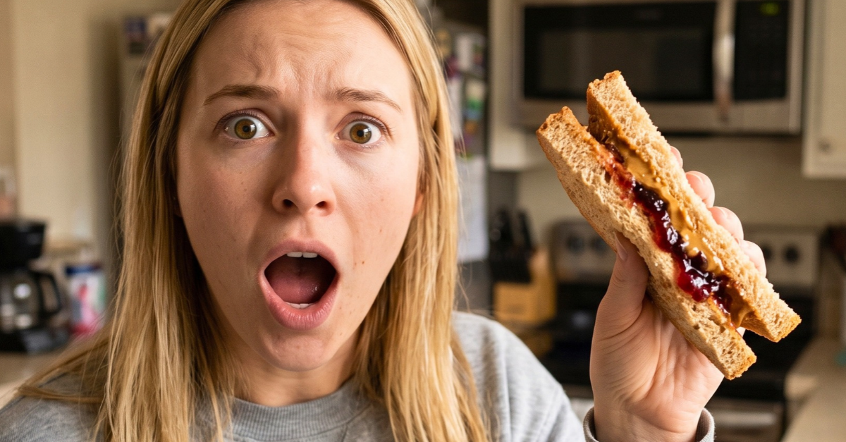 Woman shocked at expensive PB&J sandwich.