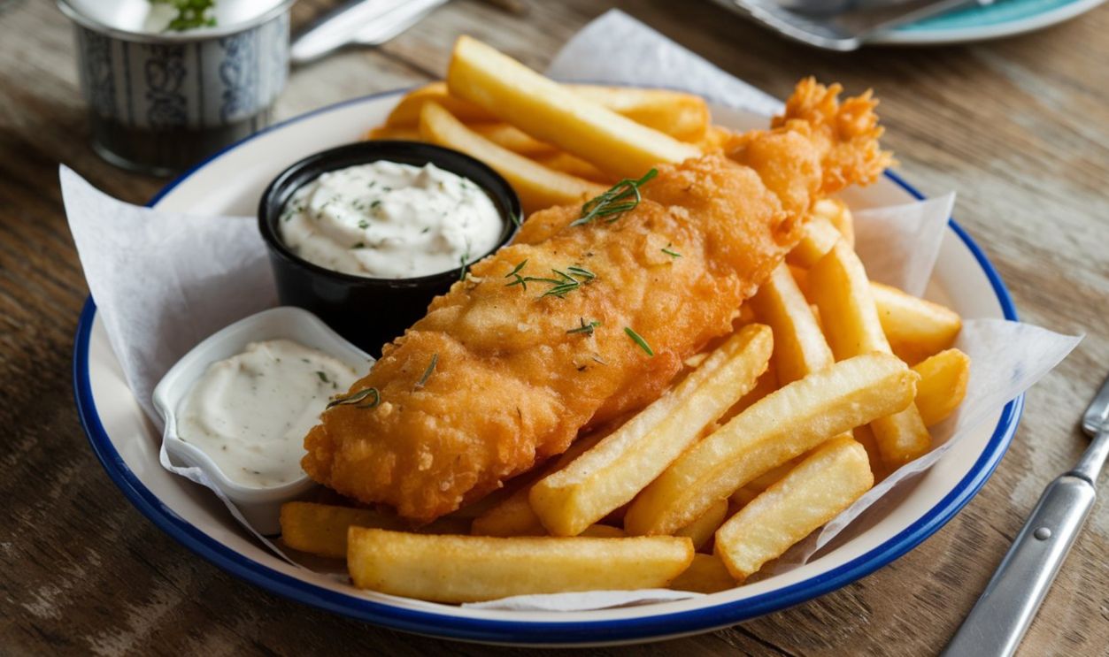 Fish and Chips: Classic British meal of crispy battered fish served with golden fries and tartar sauce.