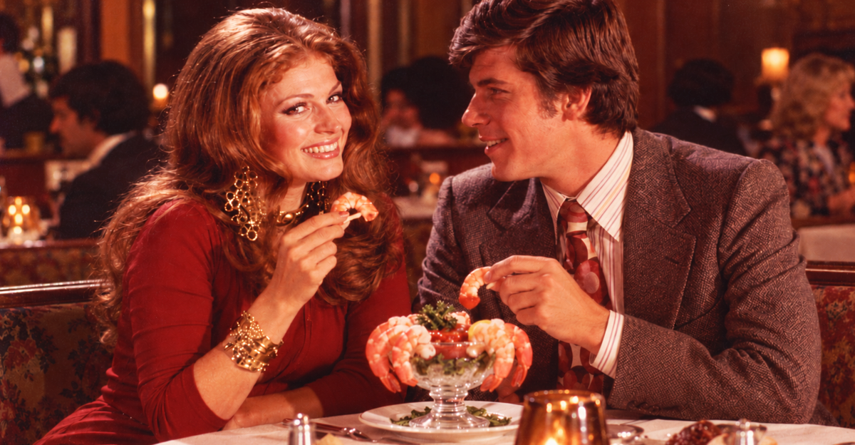 AI-generated image of 70s couple eating shrimp cocktail