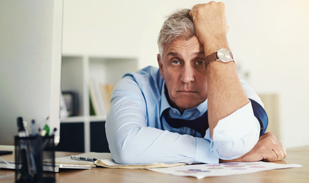 Mature, businessman and portrait with stress in office for burnout