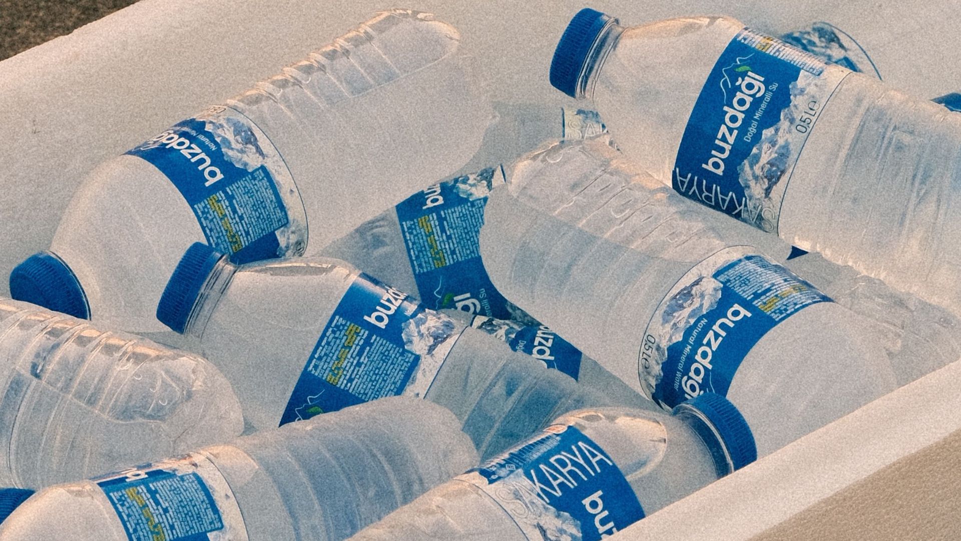 Plastic water bottles in a LEROY Styrofoam box on a paved sidewalk outdoors.