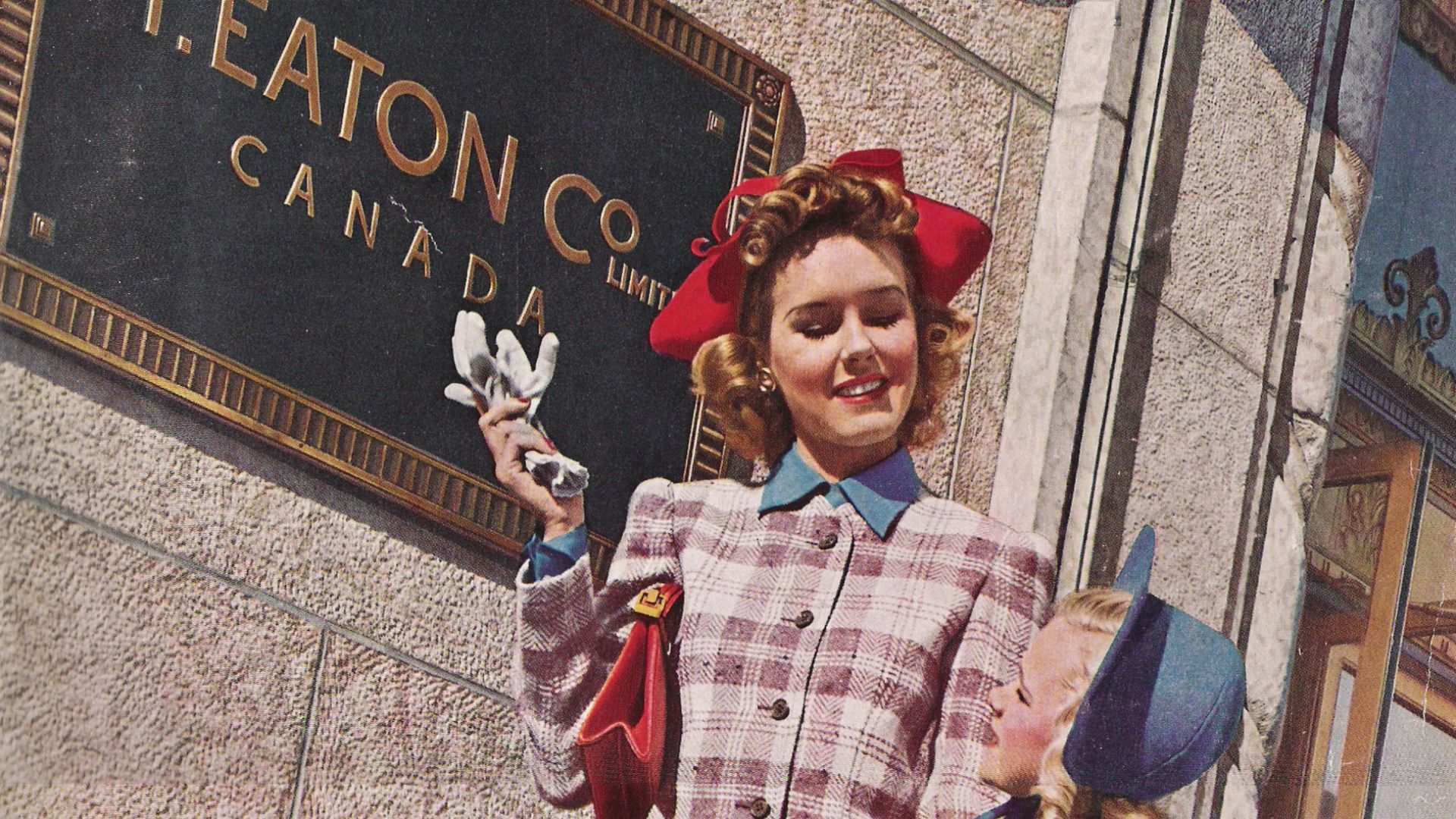 Photograph on the front cover of the Eaton's department store Spring and Summer Catalogue of 1942.  Photograph is taken in front of Eaton's College Street store in Toronto, Canada.