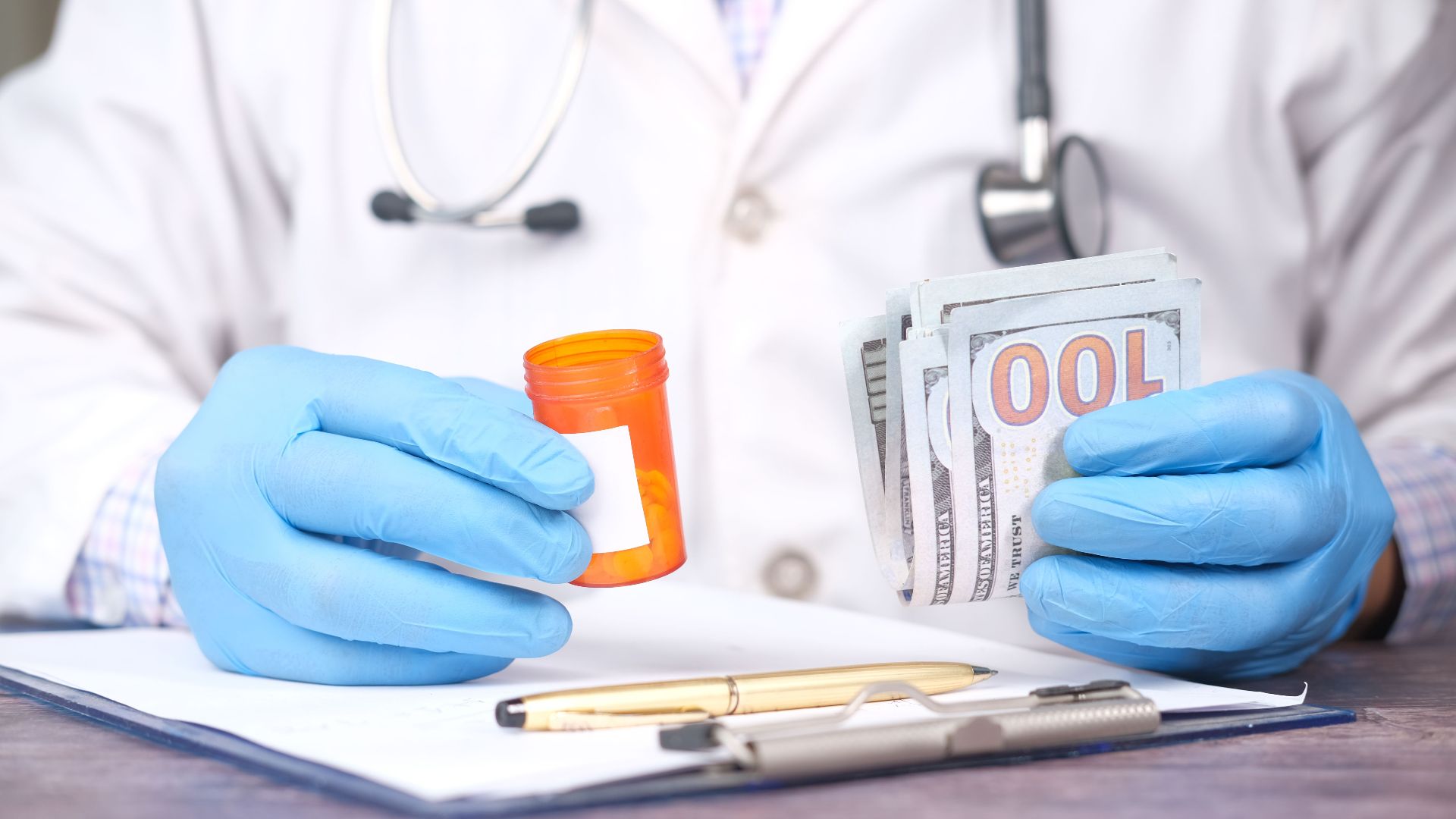 Doctor in gloves holding pill bottle and cash, highlighting medical expenses.