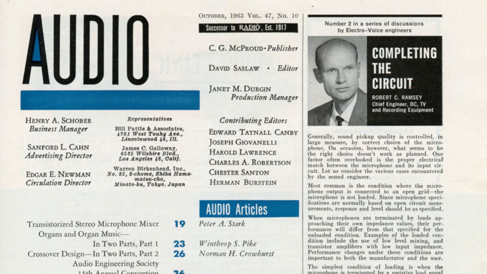 Audio October 1963, Vol 47, No. 10.  C.G. McProud, Publisher. David Saslaw, Editor.
This magazine is 11.75 by 9 inches (292 by 229 mm) and has 80 pages.
