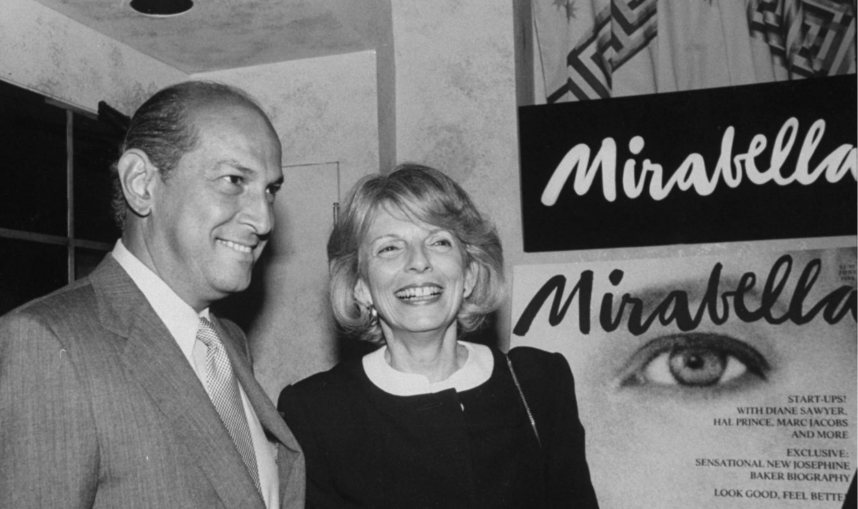 Magazine editor Grace Mirabella (R) standing next to fashion designer Oscar de la Renta at a launch party for her new magazine MIRABELLA at Huberts Restaurant.