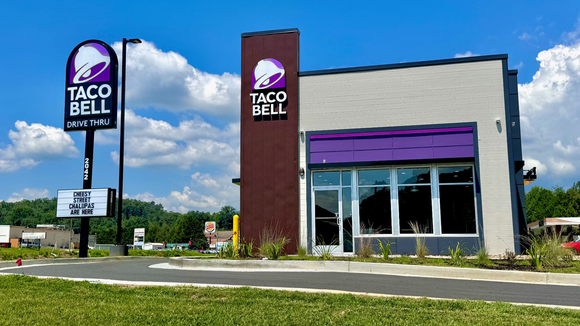 Exterior of a modern Taco Bell fast food restaurant chain location in Murphy, North Carolina