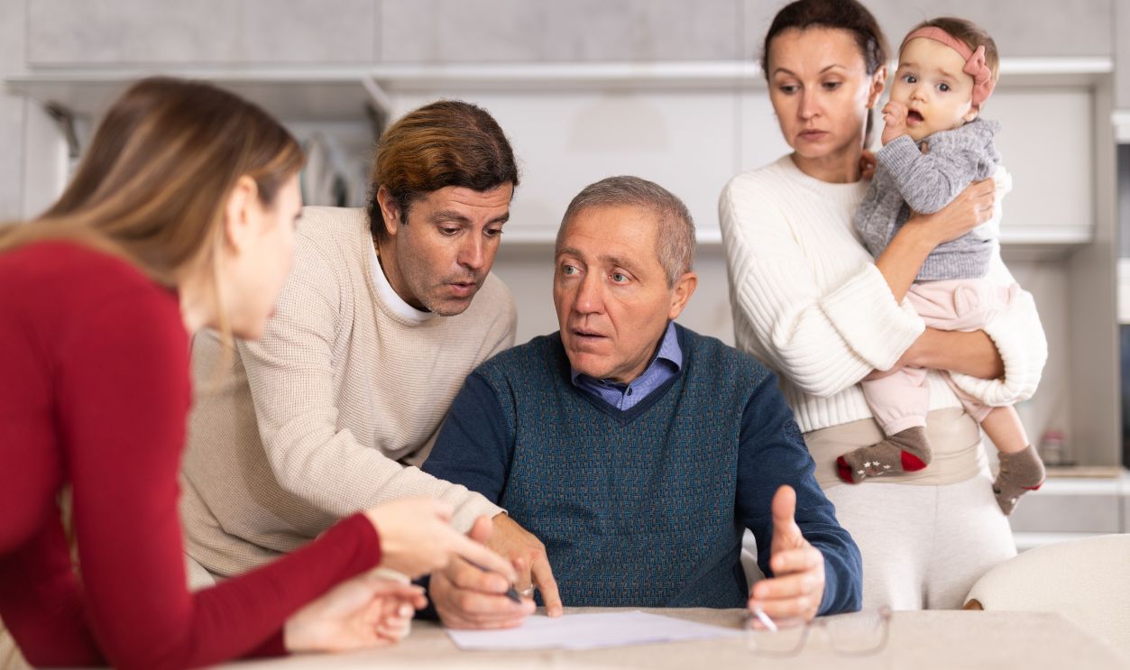 Family members giving advice to old man and discussing inheritance
