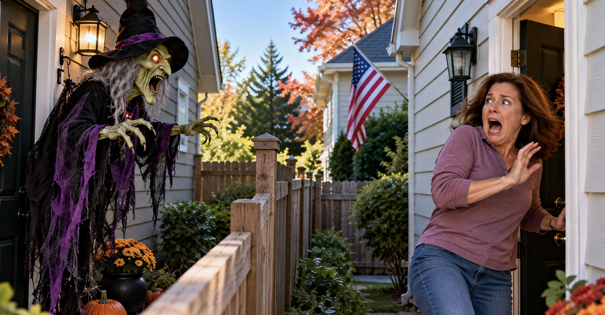 Woman being scared by a witch decoration