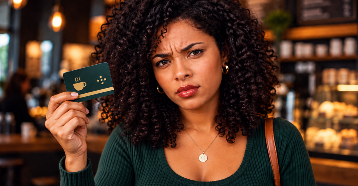 AI-generated image of woman holding loyalty card in coffee shop