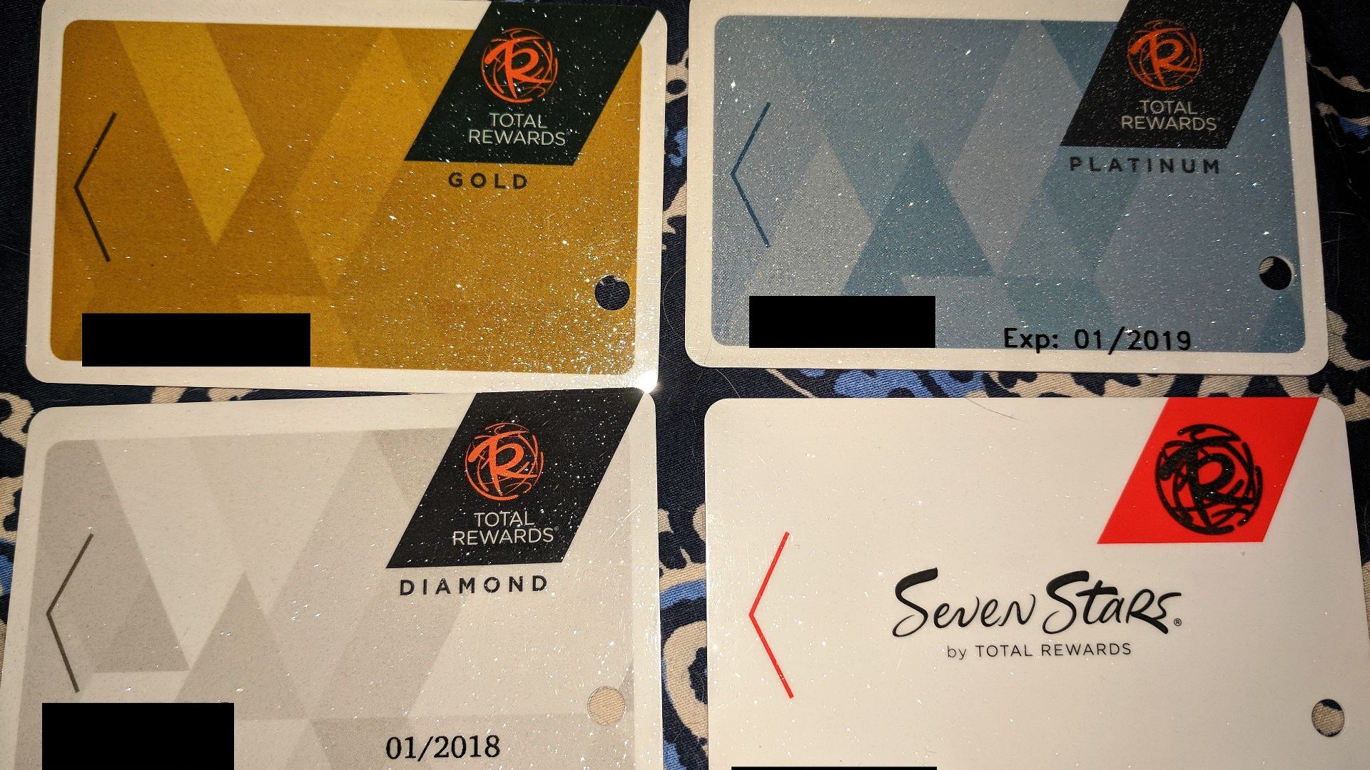 The four total rewards card tiers. Tiers above gold have an expiry date. Seven star tier may require a photograph of the member to prevent fraudulent use.