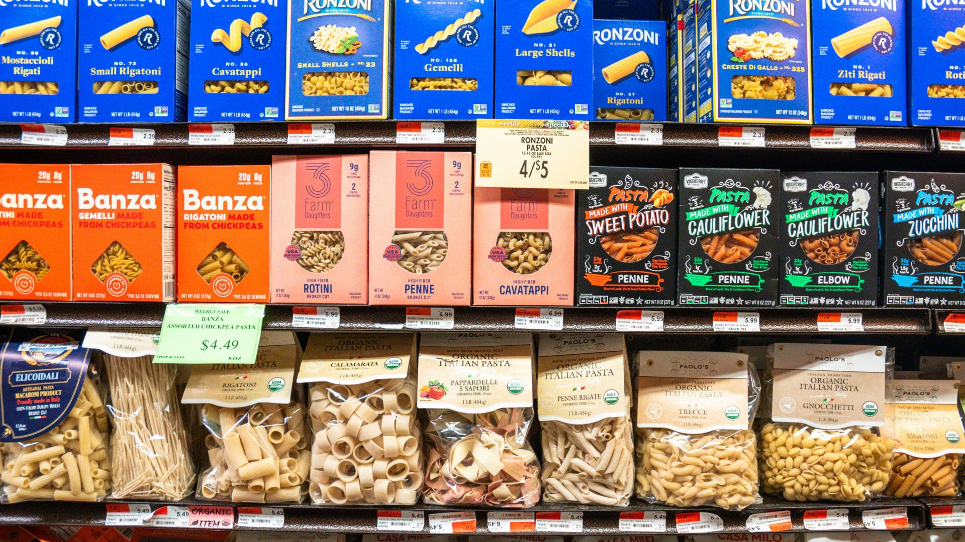 a store shelf filled with lots of different types of food