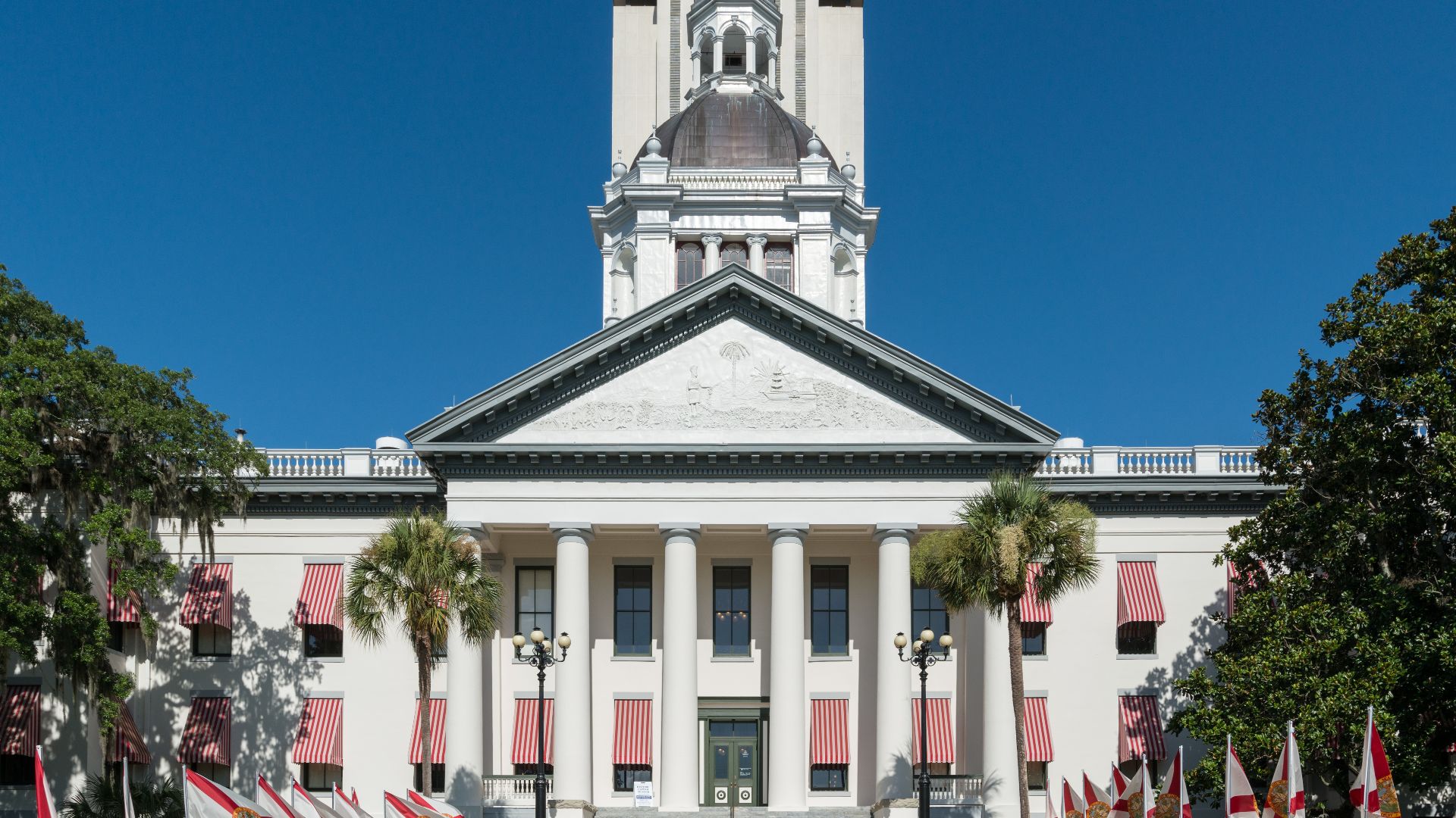 An east view of the old Florida State Capitol, Tallahassee. The new capitol is visible in the background