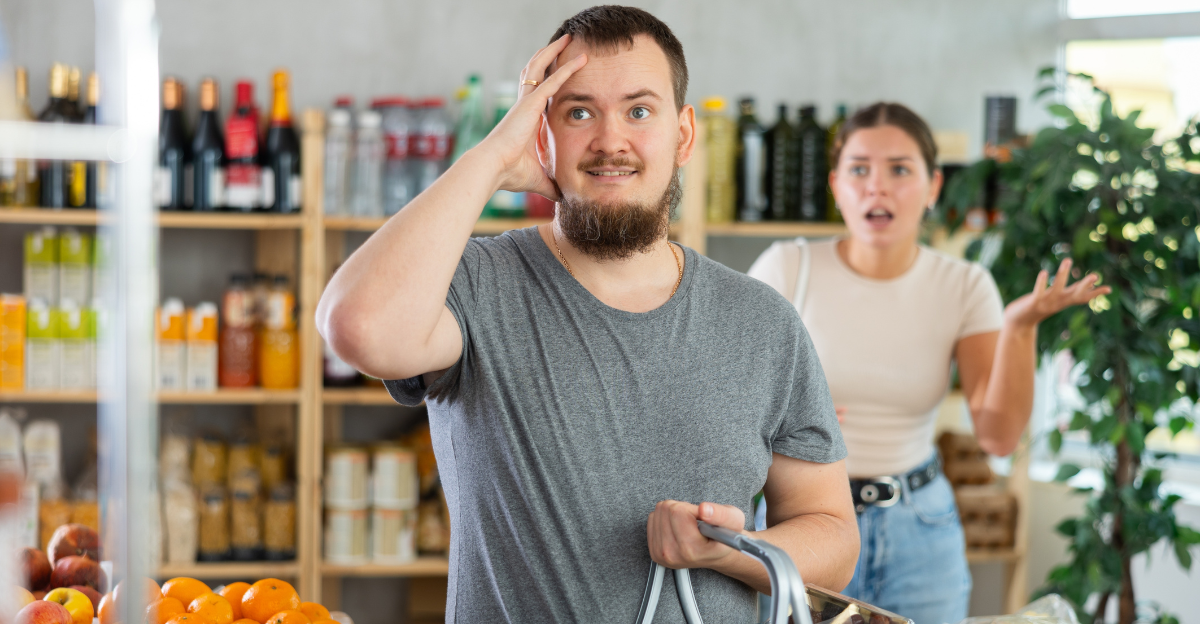 Married couple argues in a store while choosing products. Husband and wife quarrel in a supermarket.