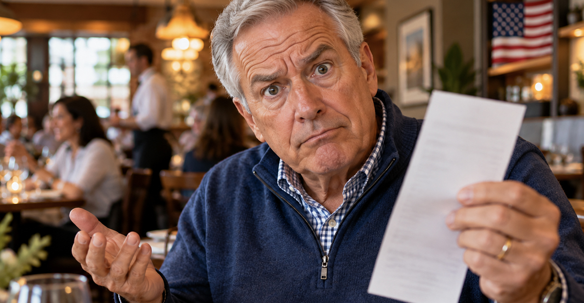 Confused elderly man holding a receipt