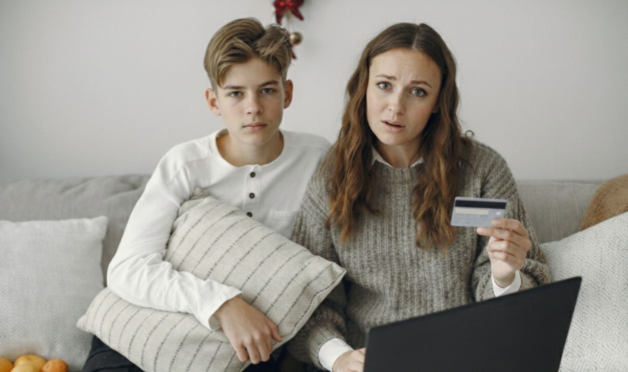 Mother and son online shopping