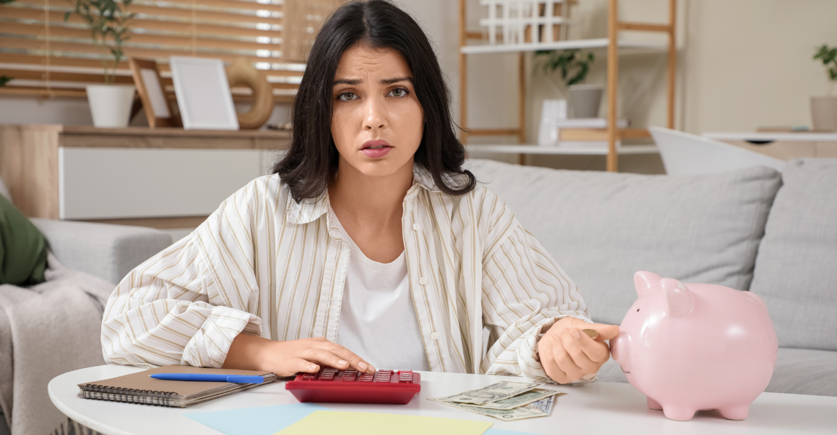 Tired young woman with piggy bank and calculator doing taxes at home.