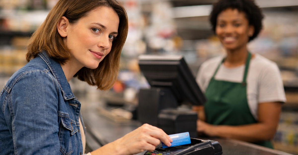 Woman tap card to pay at store