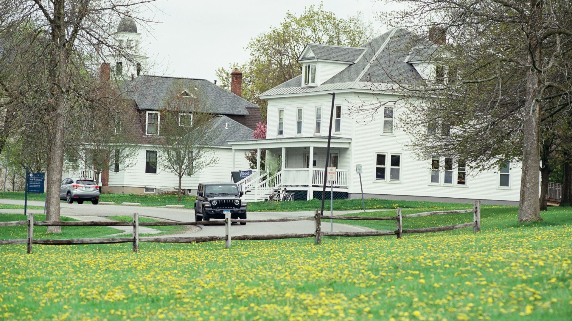 White houses and cars on a street with green field.
