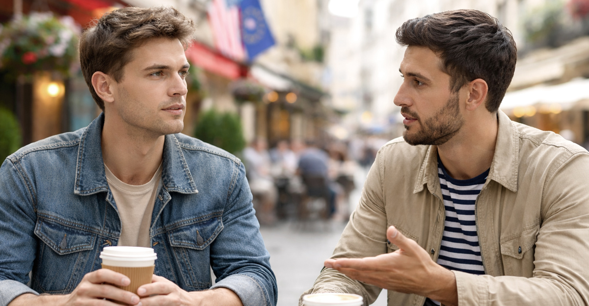 Two men, an American and a European, talking at an outdoor cafe