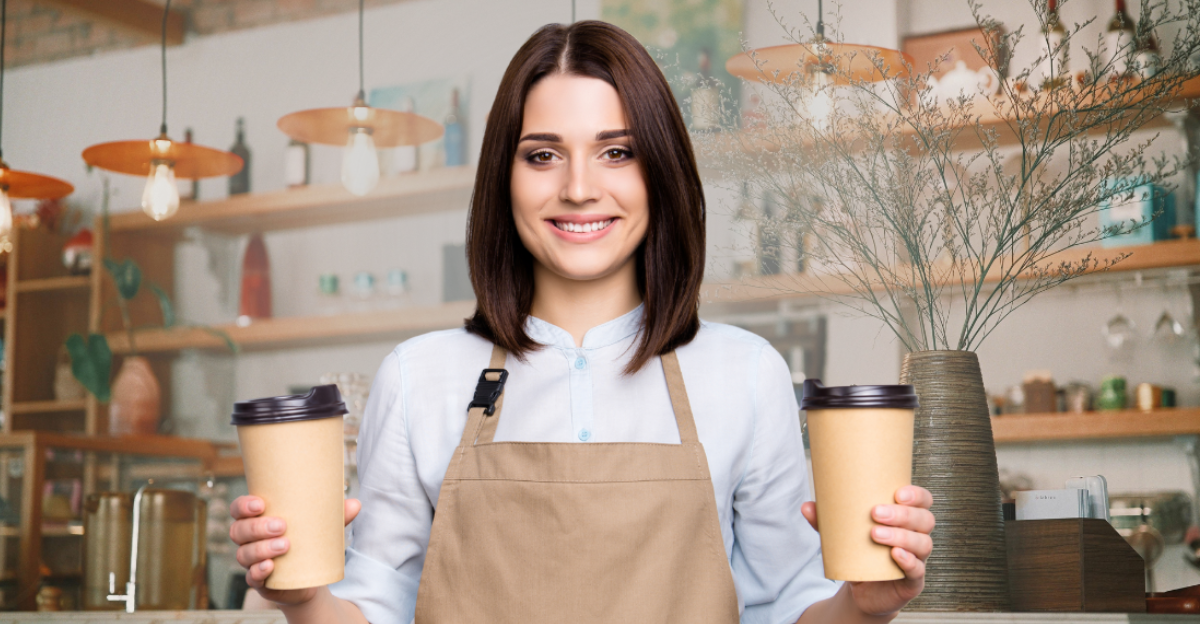 Part-time job person owner cacao routine lifestyle rest break relax leisure pause concept. Portrait of kind friendly pleasant girl giving two big latte isolated on gray background copy-space