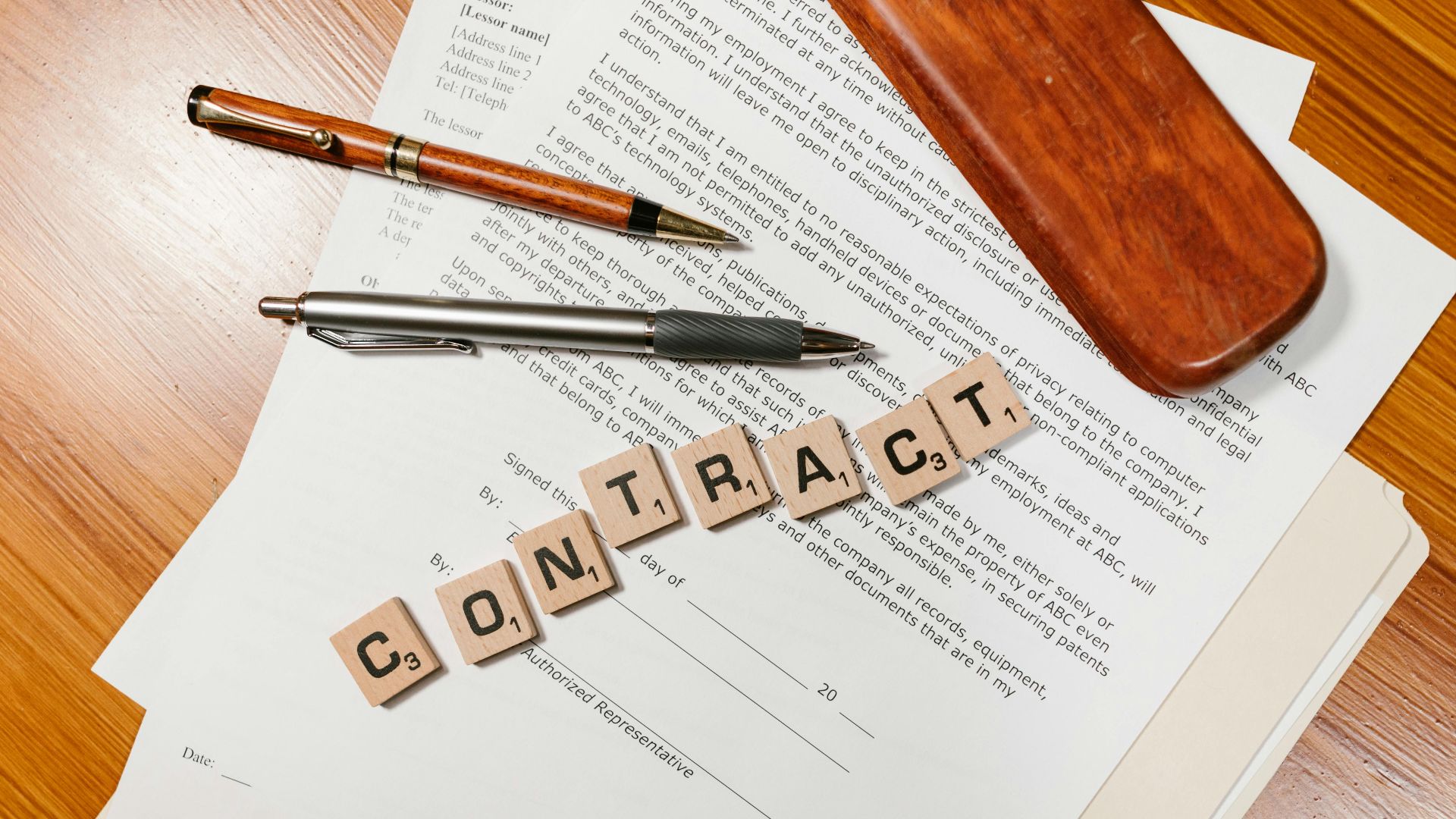 Close-up of contract papers with Scrabble tiles spelling 'CONTRACT'.