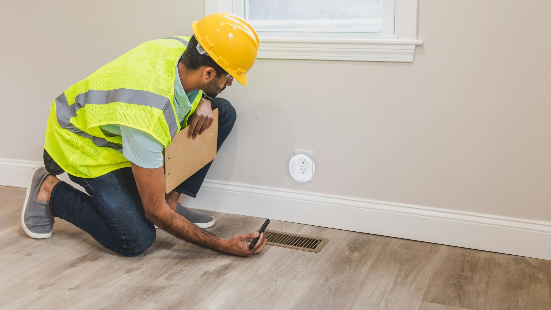 A construction worker in a hard hat inspects a floor vent indoors, ensuring quality and safety standards.