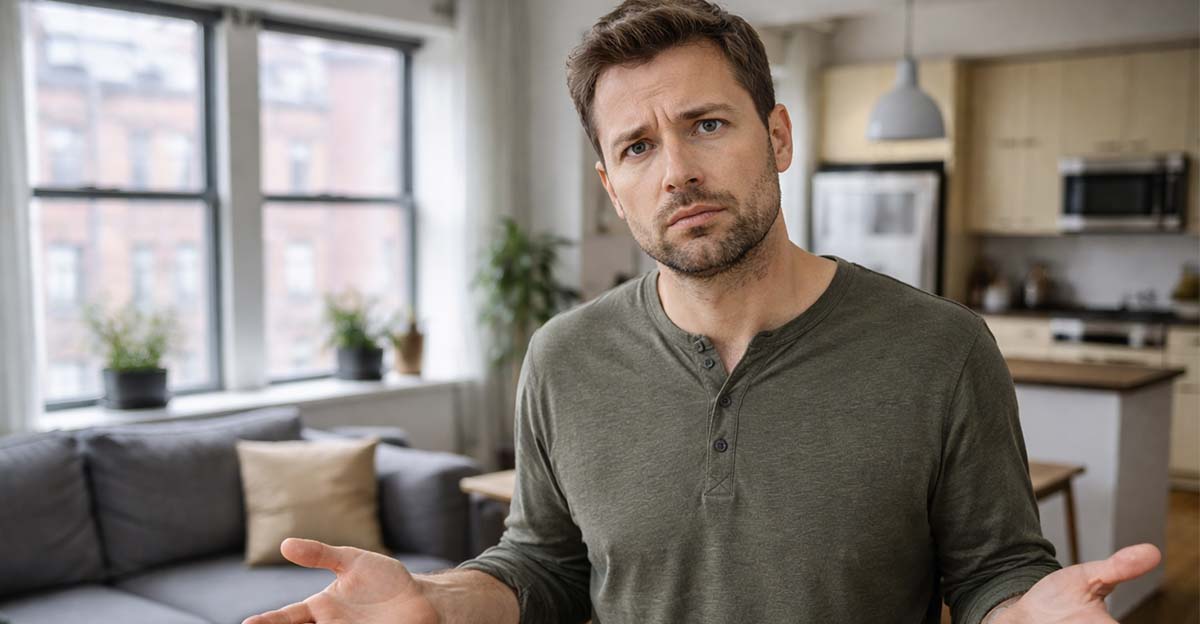 Perplexed man in modern apartment