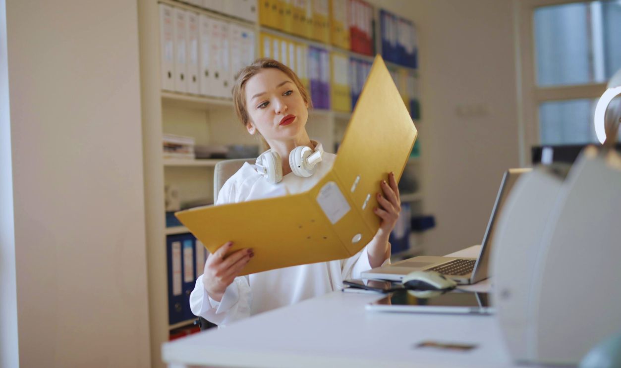woman checking file