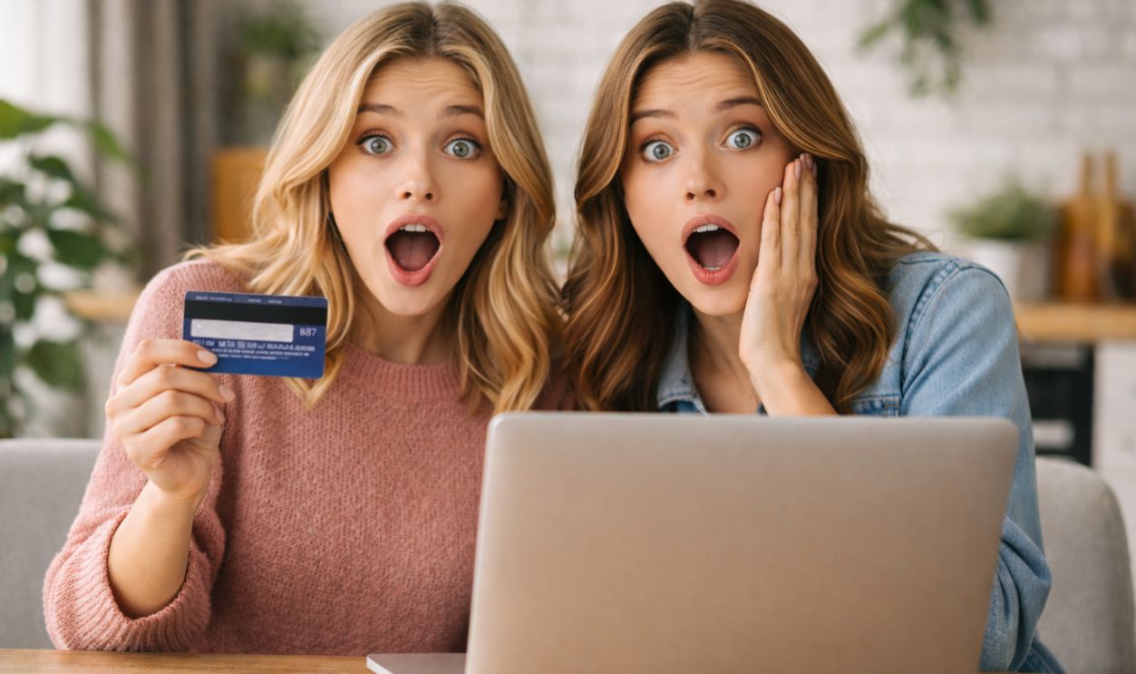 Shocked expressions over a credit card