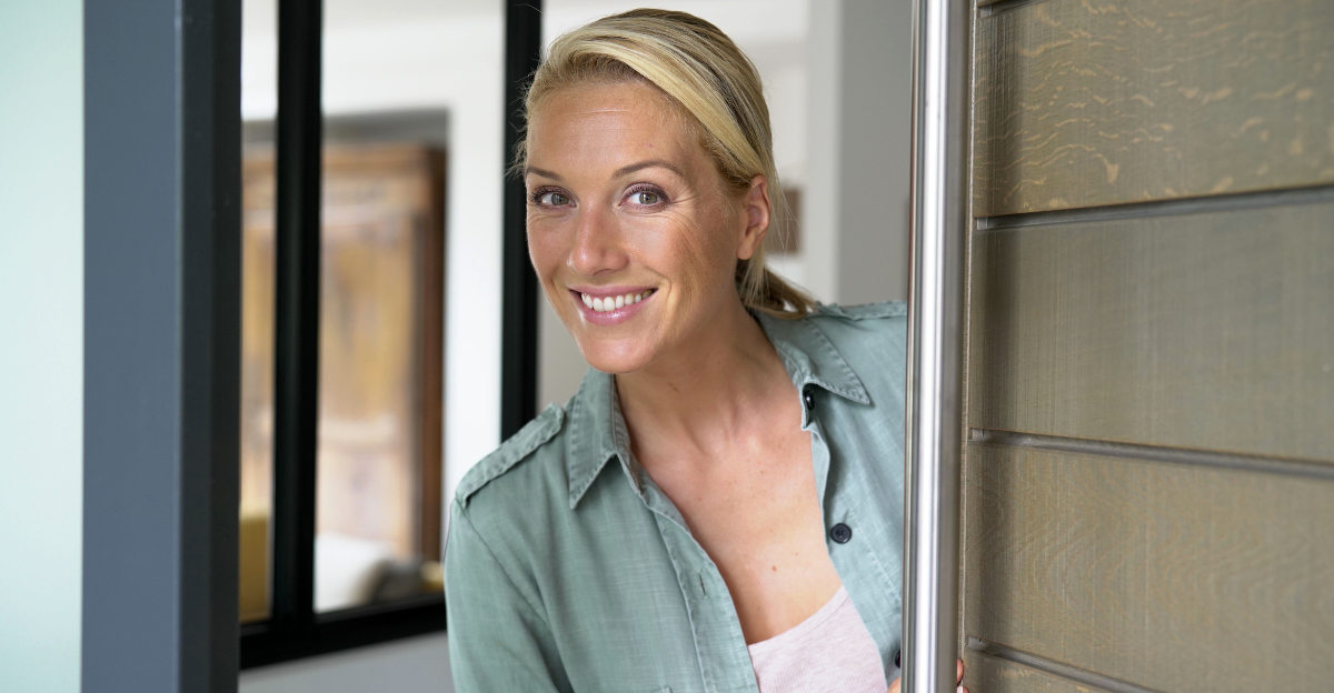 Blond woman welcoming people at entrance front door