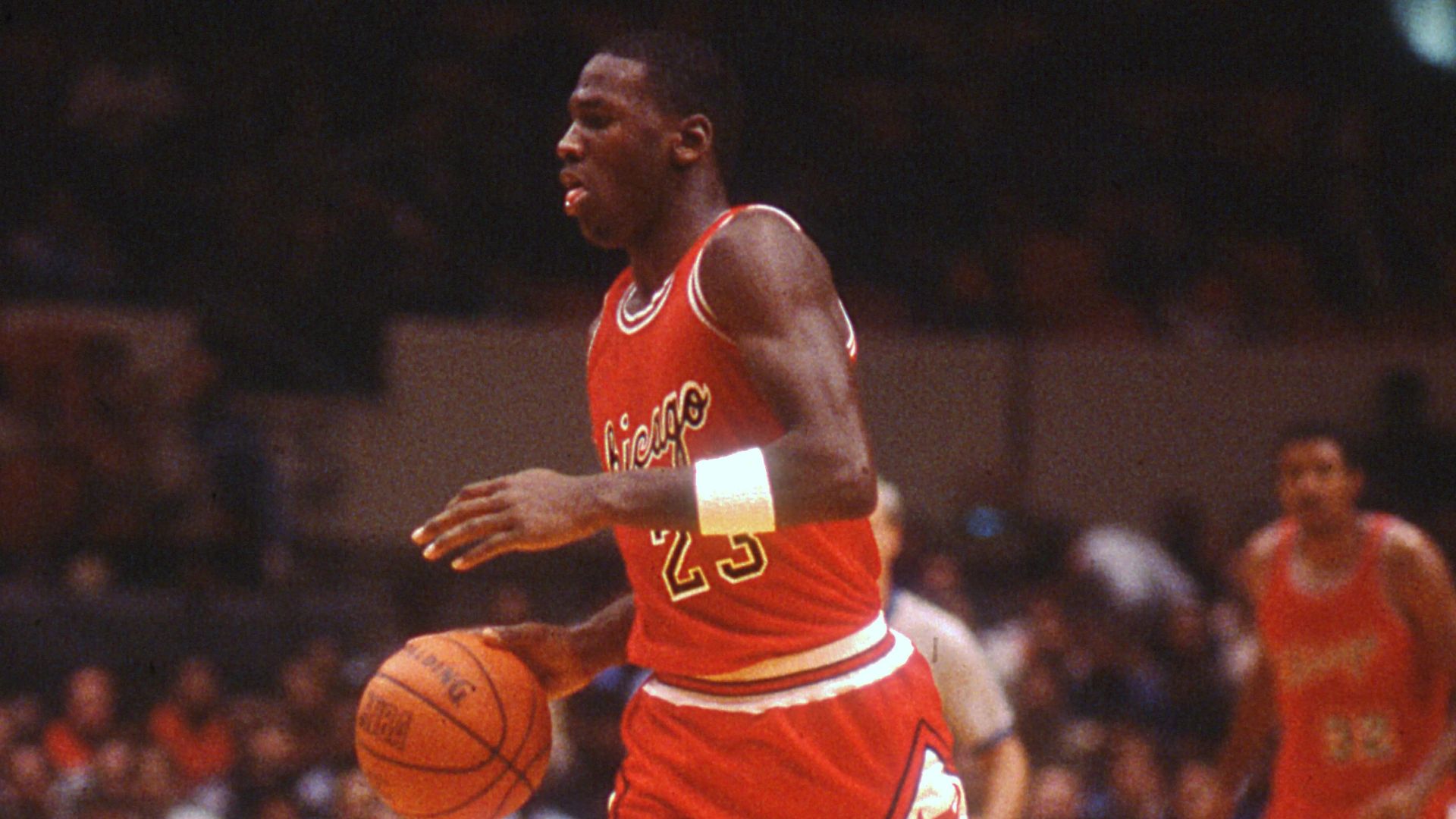 Michael Jordan setting the Chicago Bulls offense during one of his first NBA games, an exhibition game in Madison Square Garden against the New York Knicks