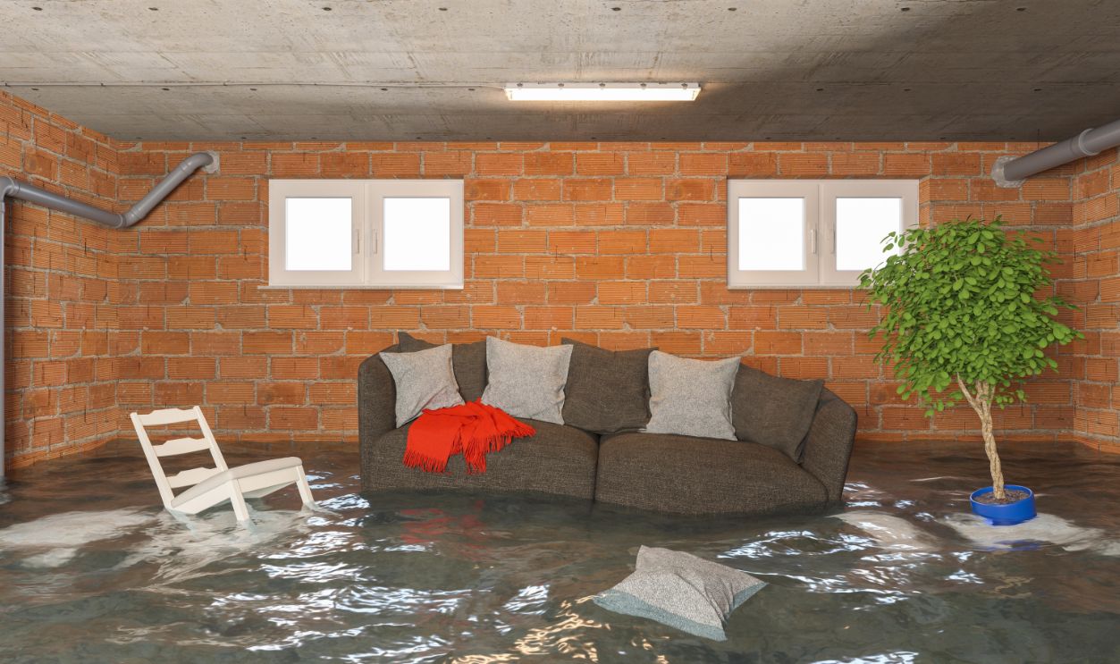 Water damager after flooding in basement with floating sofa and furniture