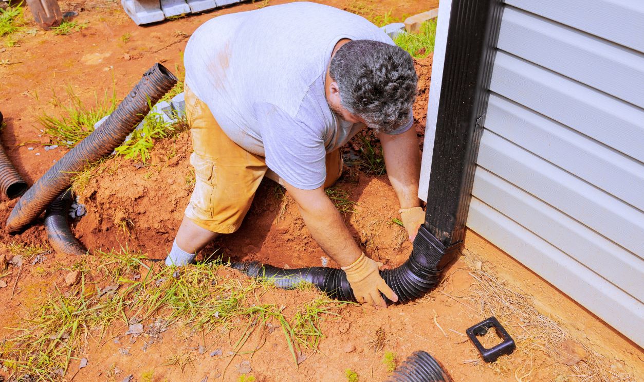 Flexible gutter extension drainage pipe connector downspout installation with water draining down