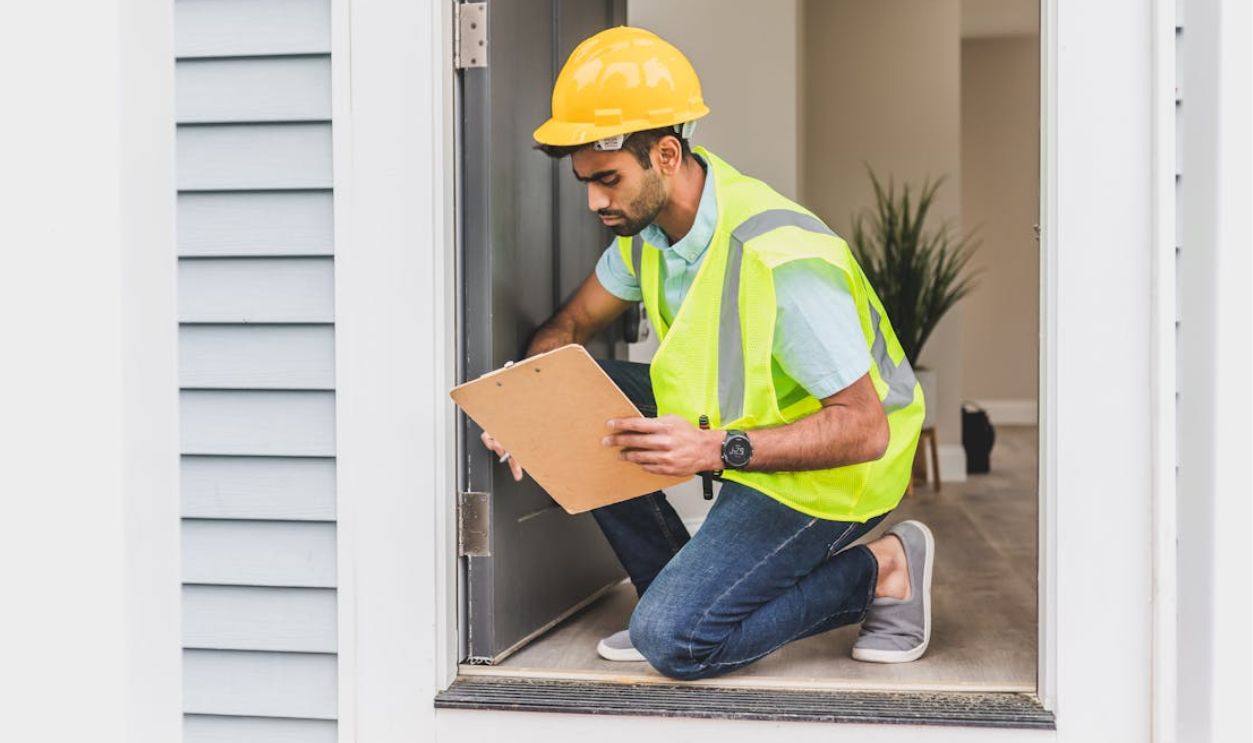 Man in Yellow Safety Reflective Vest with Hard Hat Doing House Inspection