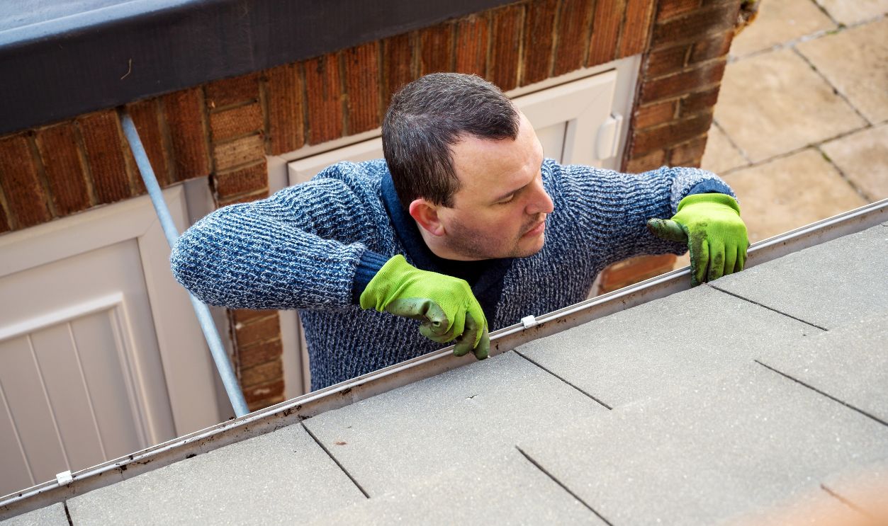 Man on a ladder cleaning fallen autumn leaves and moss from house roof gutter. Home maintenance, gutter cleaning