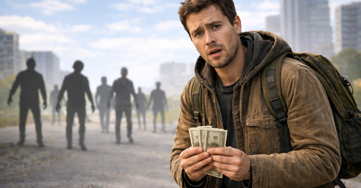 Confused man with cash amid zombies