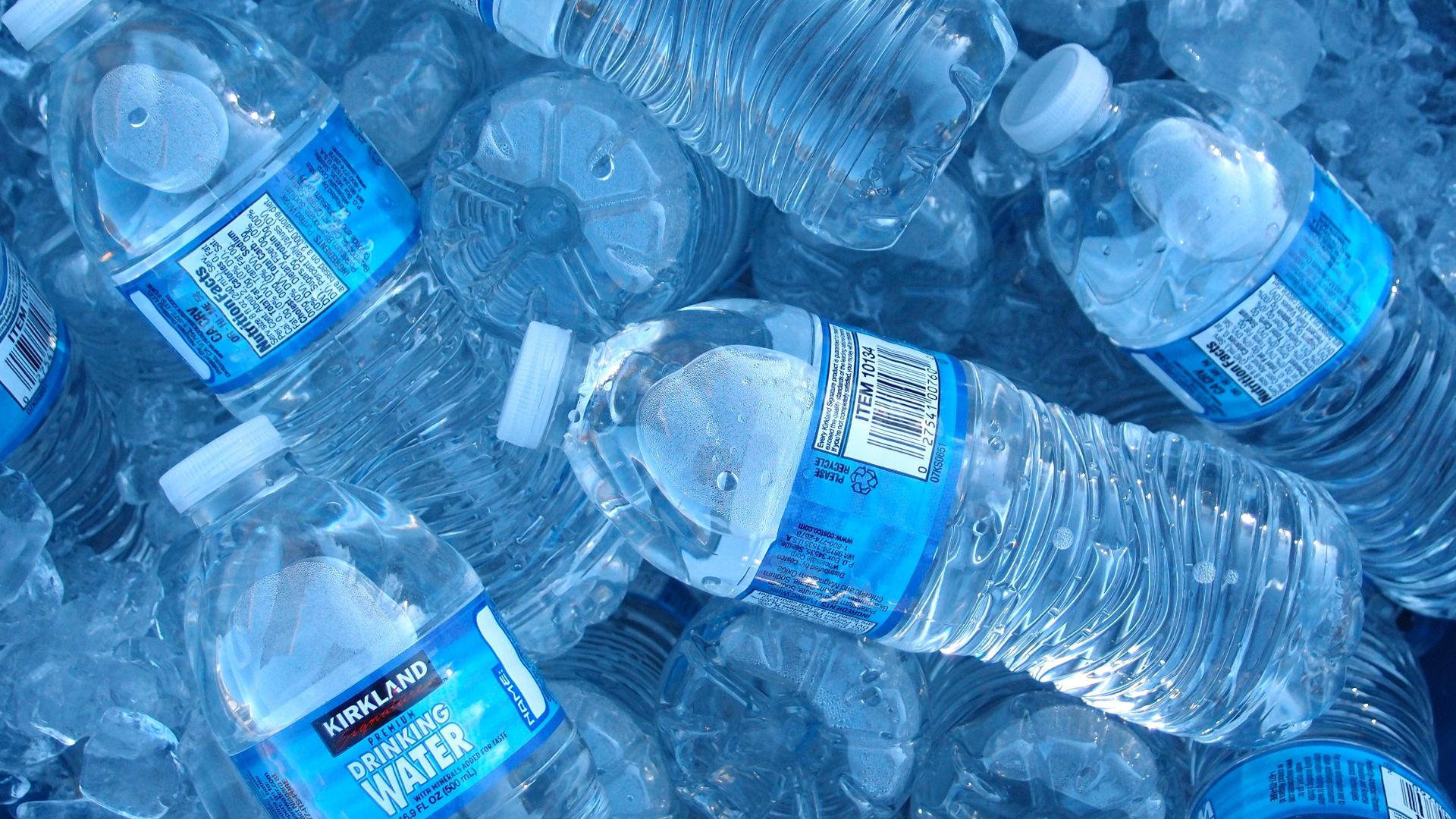 Bottles of Kirkland Premium Drinking Water. 