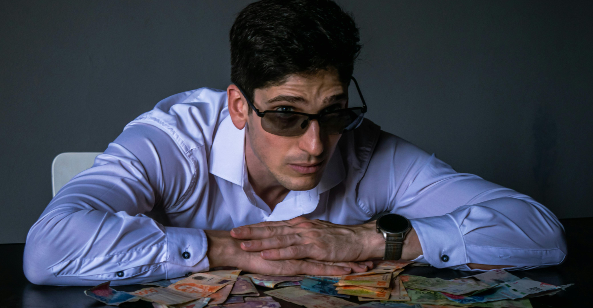 man-in-sunglasses-leaning-on-table-of-money