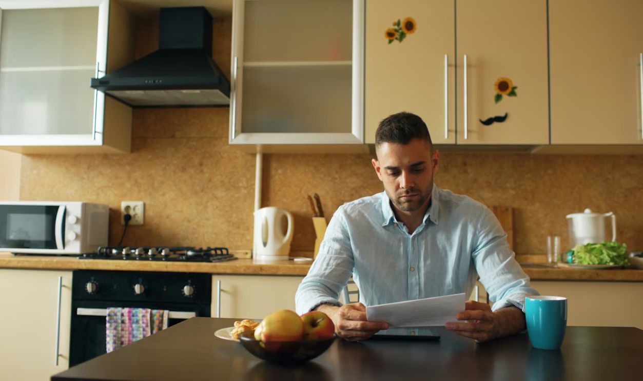 Man reading document at kitchen table with coffee